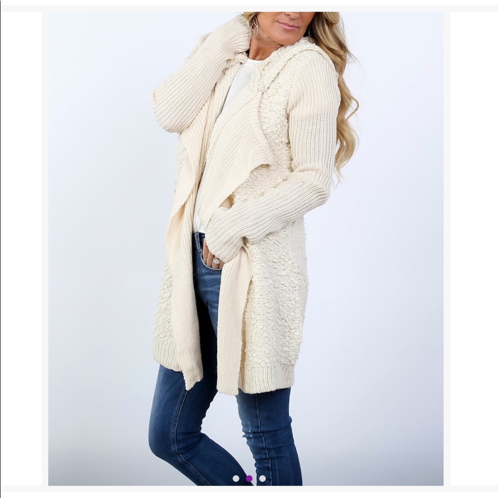 Cream Boucle Cardigan large lapel textured loop knit hoodie with front pockets